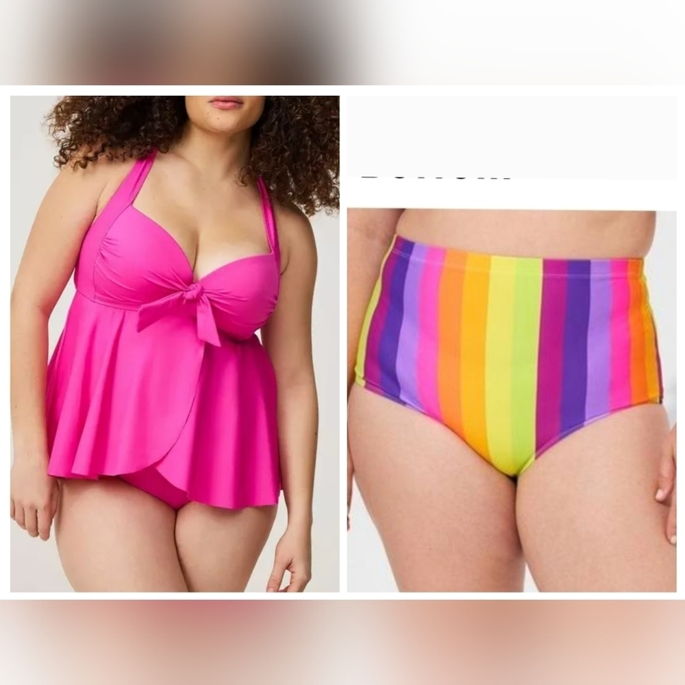 Torrid Wireless Pink Tankini Top & Multi Striped Bottoms Size 10/12  0x D/DD